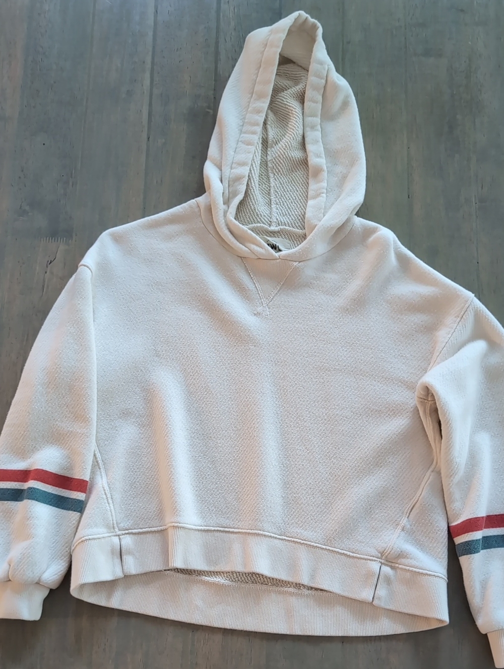 Madewell Cream Hooded Pullover with Red and Blue Sleeve Stripes